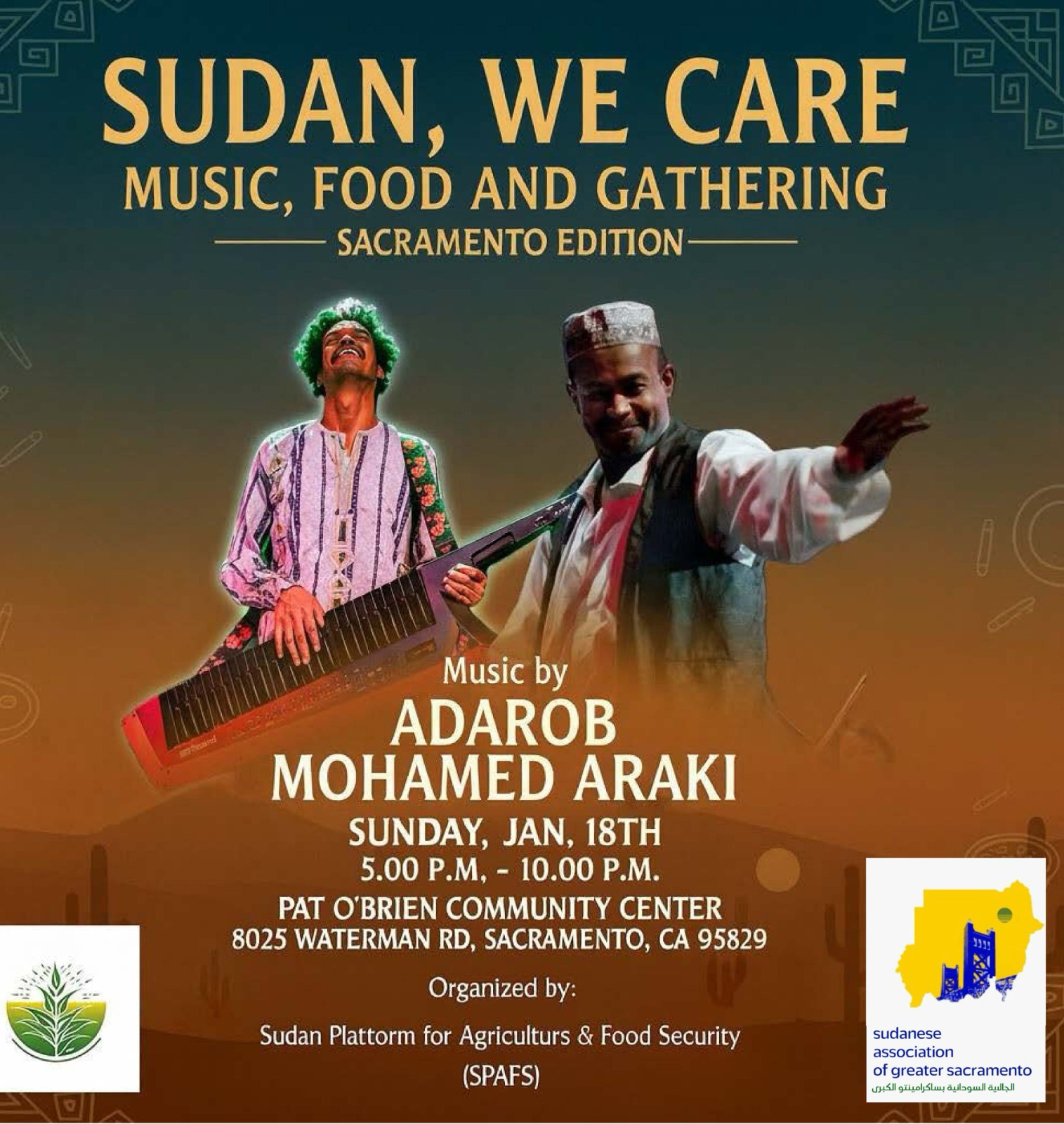 Sudan, We Care: Music, Food and Gathering flyer